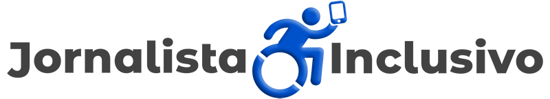 Logo Jornalista Inclusivo, cor preta, ícone cadeira de rodas, cor azul.
