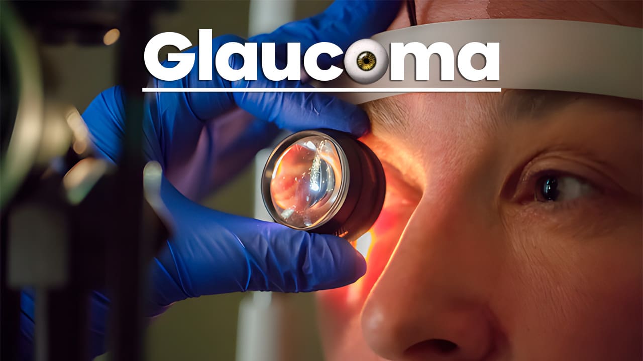 Imagem com texto: Glaucoma. Pessoa realizando exame em equipamento utilizado por oftalmologistas do SUS. Mão de profissional médico com luva azul e rosto de paciente.