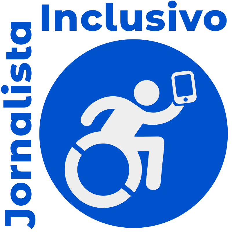 Logo do site Jornalista Inclusivo, azul e ícone branco Pessoa com Deficiência.
