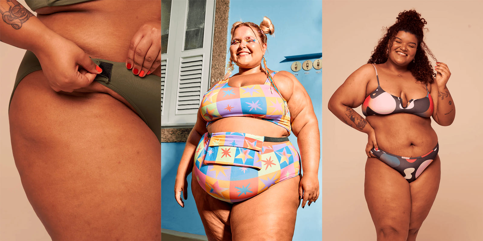 Três fotografias de pessoas utilizando a calcinha adaptada e top da marca Herself.