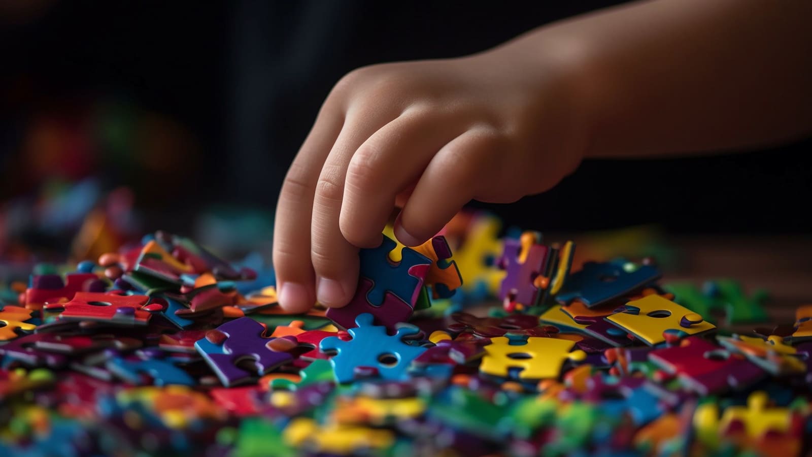 Foto retrata a mão de uma criança branca pegando peças coloridas de um quebra-cabeça, comumente usada para ilustrar o espectro. Neste caso, para mostrar se o autismo é considerado deficiência.