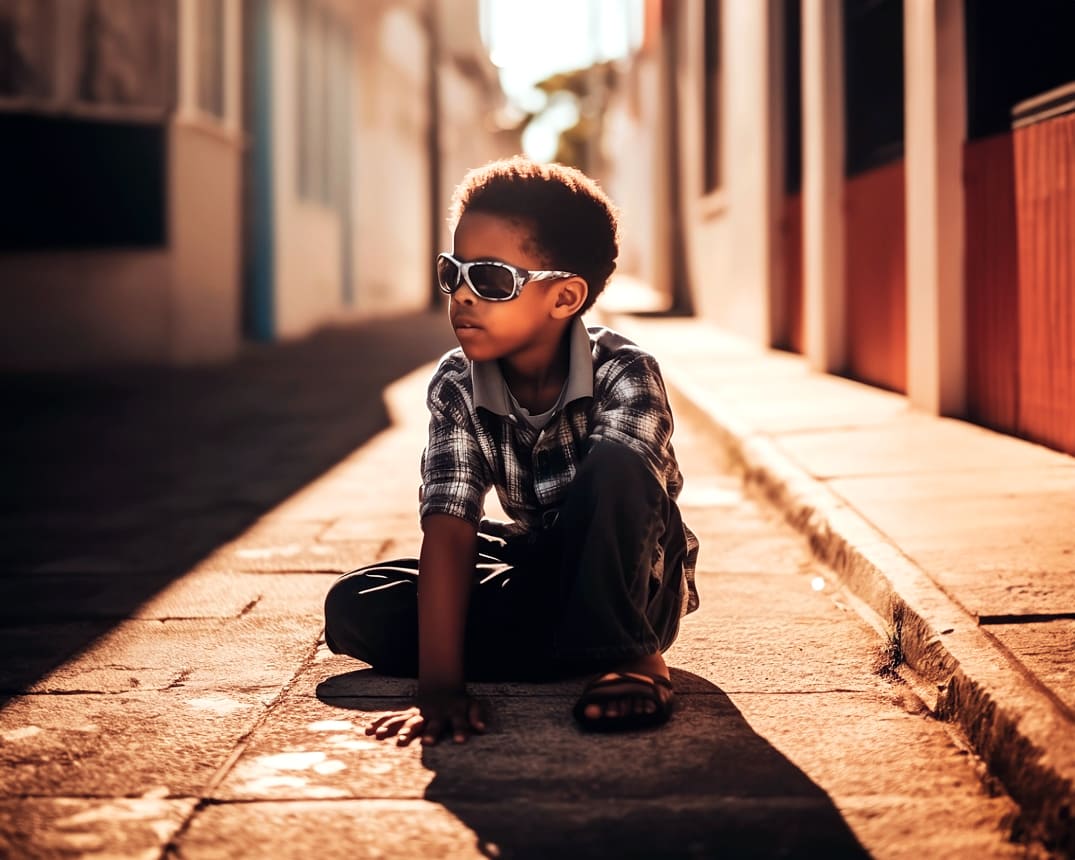 Imagem retrata criança negra cega, sentada na rua, de manhã. Ilustra o analfabetismo da população, estimada em 18 milhões de pessoas com deficiência, conforme a PNAD 2022.