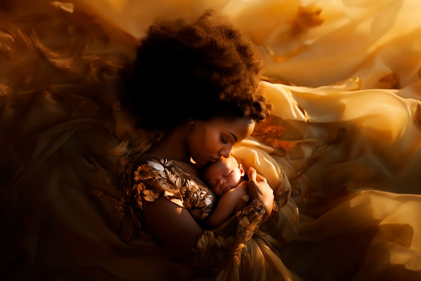Mulher negra com bebê no colo, envoltos em lençóis dourados - campanha Agosto Dourado.