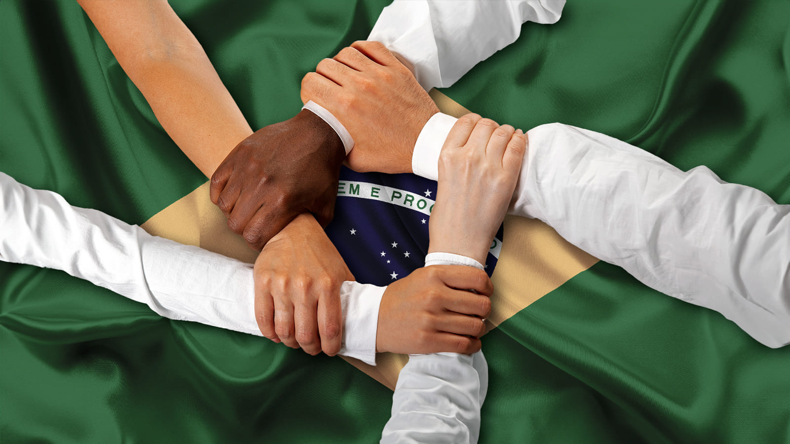 Pessoas de diferentes gêneros e etnias estão segurando o punho umas das outras, formando um círculo. A bandeira nacional serve como plano de fundo.