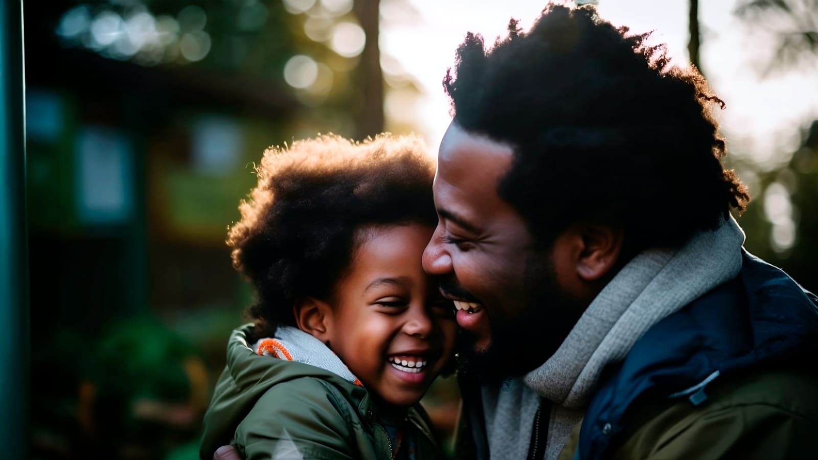 Pai e filho negros, sorrindo e afetuosos ao ar livre. Retratando o Dia dos Pais e a Educação Parental da criança atípica.