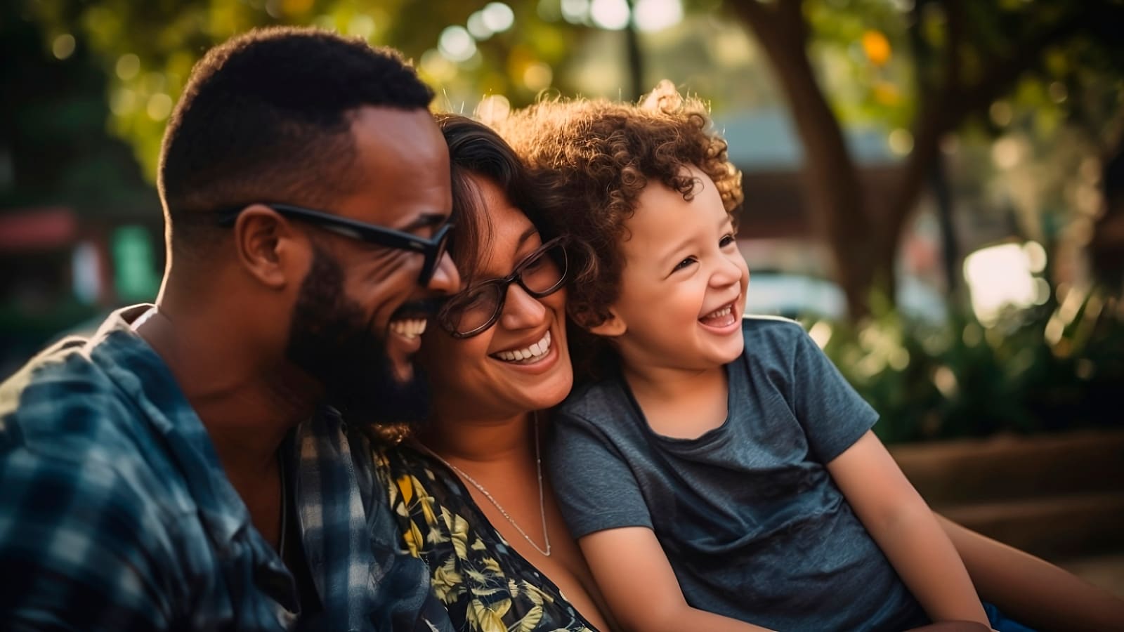 Pai, mãe e filho negros, sorrindo e afetuosos ao ar livre. Retratando o Dia dos Pais e a Educação Parental na criação de crianças atípicas.