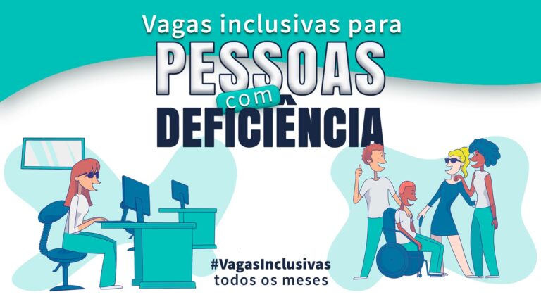 Vagas inclusivas para pessoas com deficiência. Ilustração de pessoa cega usando computador, pessoa em cadeira de rodas e outra cega, ambas com acompanhante. Retrata as 12 vagas inclusivas de emprego em SP e RJ.