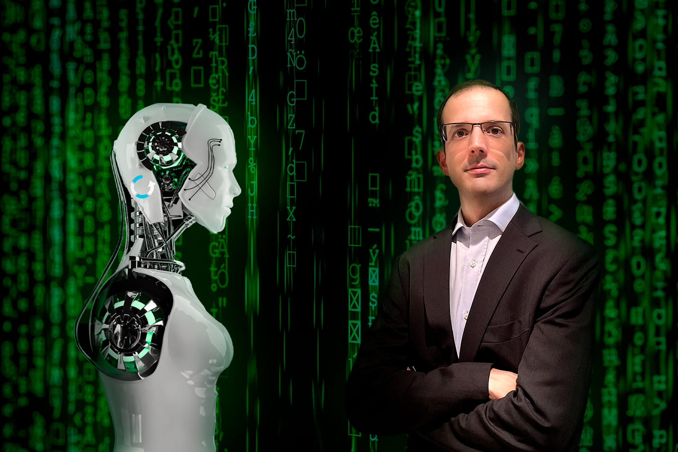 Robô de inteligência artificial e Bruno Horta entrevistado.