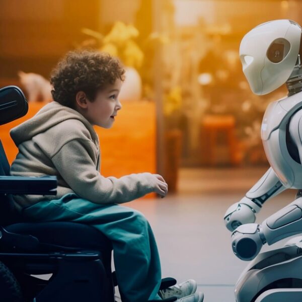 Criança em cadeira de rodas e robô dialogando, ilustrando os benefícios da Inteligência Artificial para pessoas com deficiência.