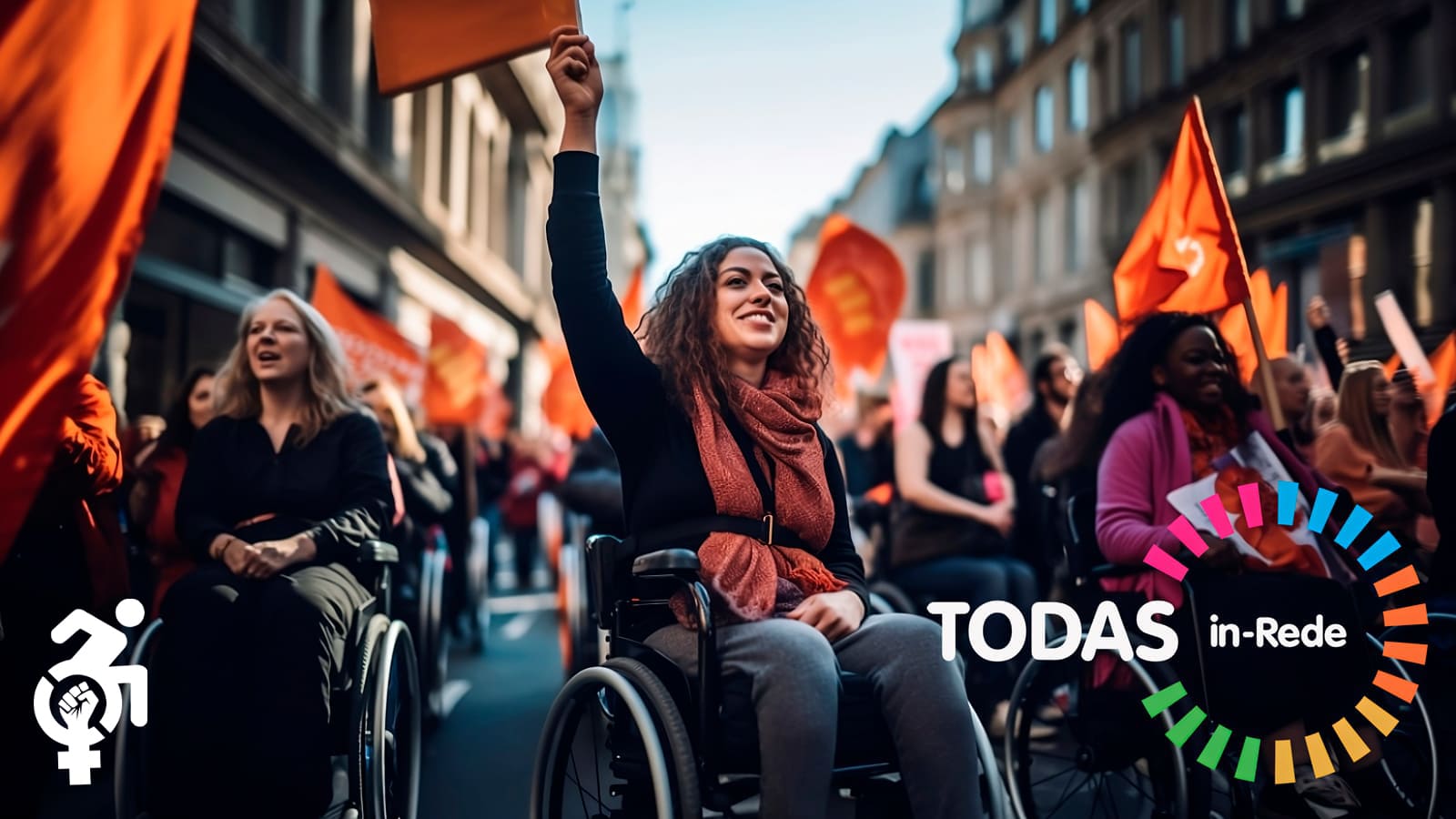 Grupo de mulheres com deficiência em protesto pacífico na rua, bandeiras e cartazes. Símbolo de vênus com punho cerrado e ícone de cadeira de rodas. Logo do Todas in-Rede.