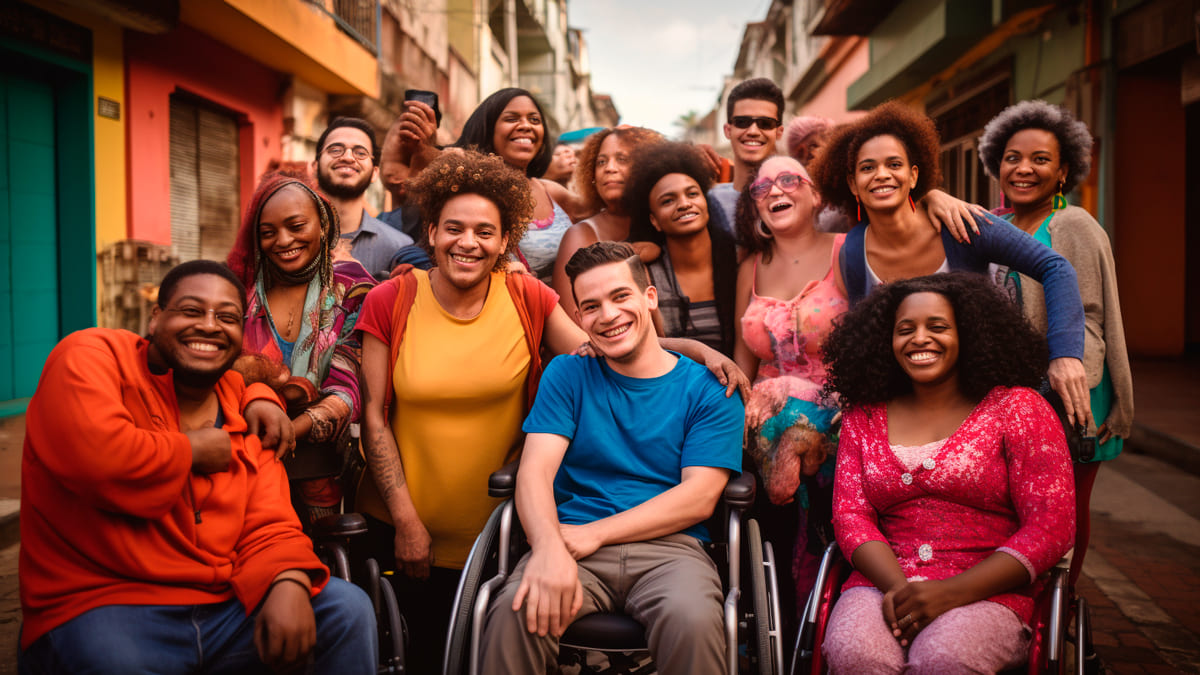 Grupo diverso de pessoas celebrando o Dia Nacional de Luta da Pessoa com Deficiência e suas histórias de resistência e desafios.