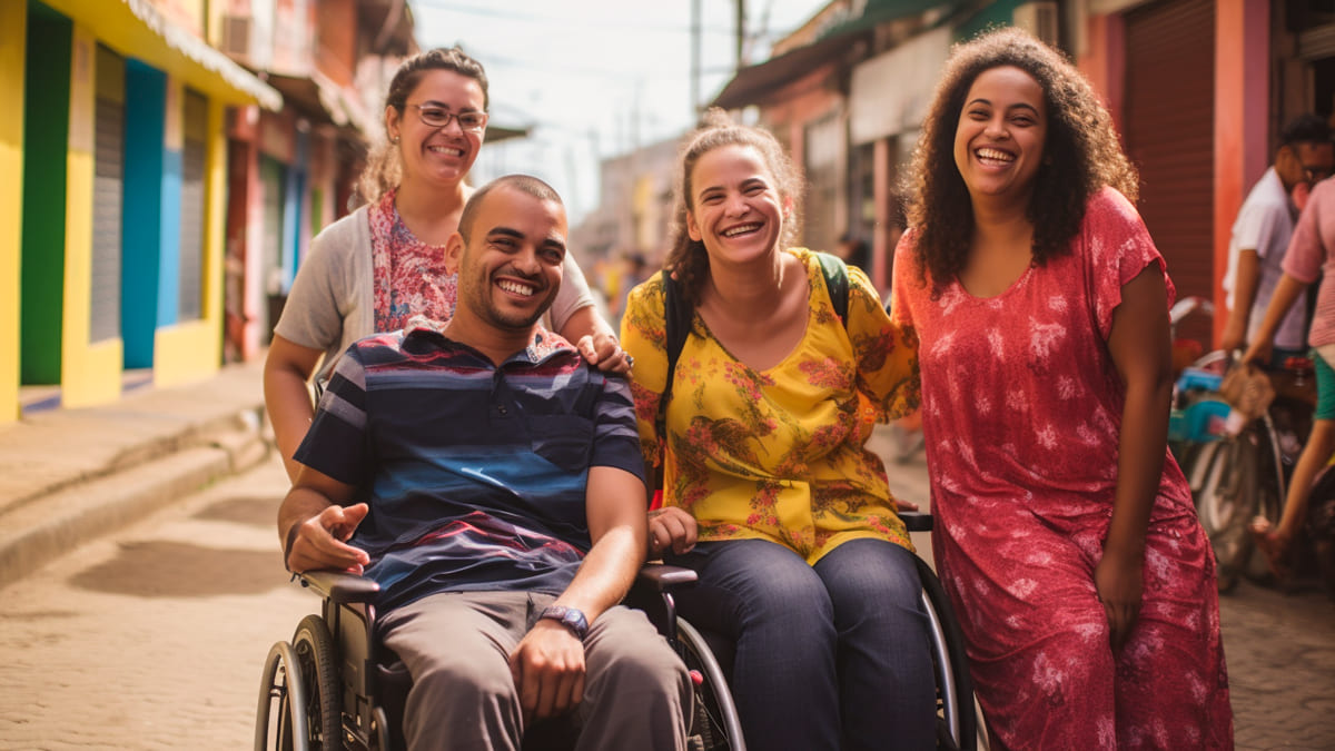 Grupo de quatro pessoas, duas em pé e duas em cadeiras de rodas, celebrando o Dia Nacional de Luta da Pessoa com Deficiência e suas histórias de resistência e desafios.
