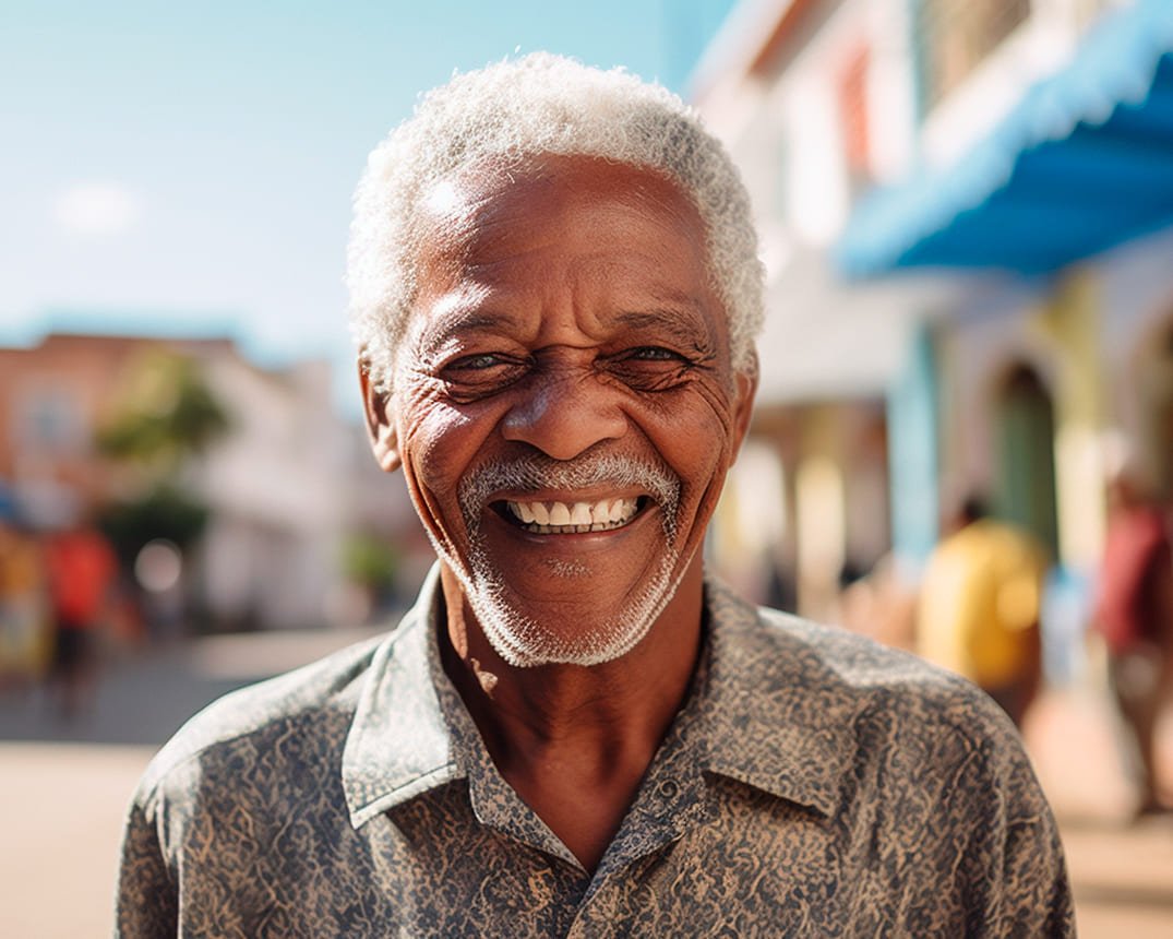 Imagem realista de uma pessoa idosa de pele escura e cabelo grisalho, que destaca o aumento da longevidade e doenças degenerativas.