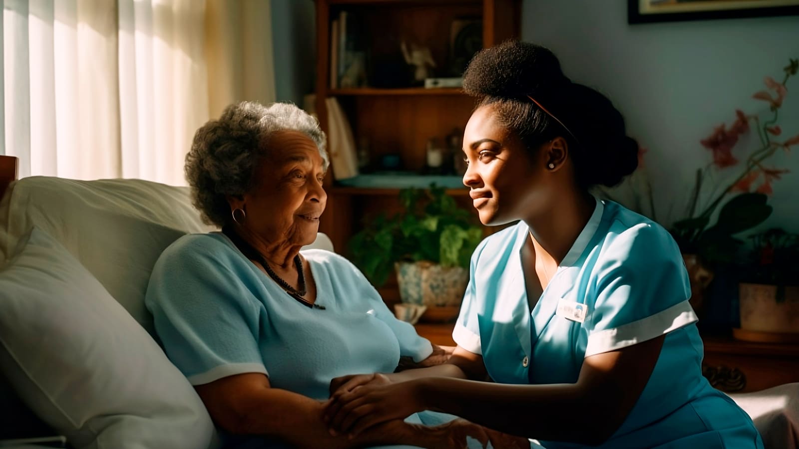 Enfermeira auxilia paciente idosa dentro de casa. Ilustrando a relação entre imunização e saúde cognitiva. Vacinação e Alzheimer.