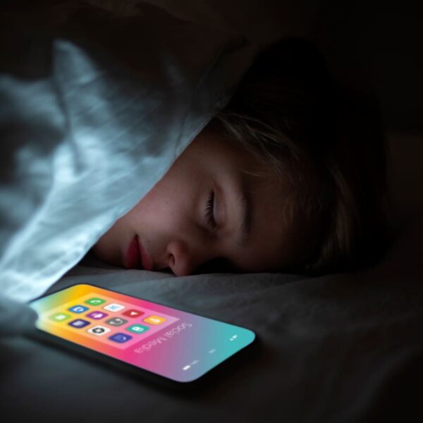 Criança dormindo com smartphone ao lado do travesseiro. Ilustra o Setembro Amarelo, sobre os riscos do vício em tecnologia para a saúde mental.