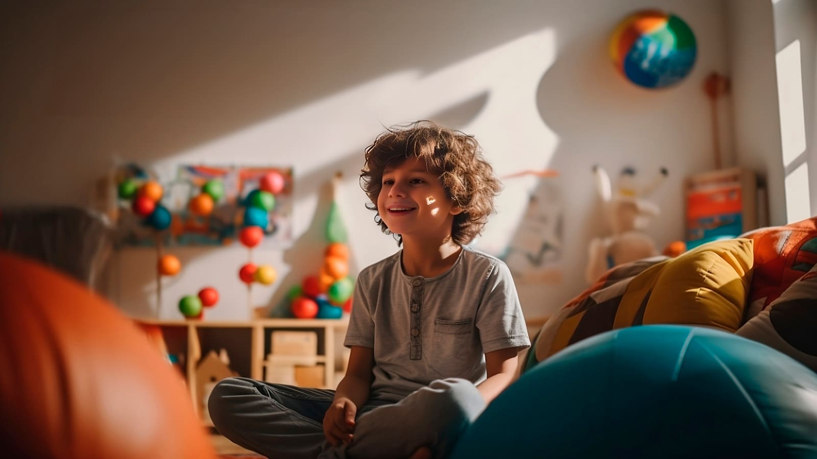 Imagem de uma criança com autismo no quarto transformado em espaço sensorial.