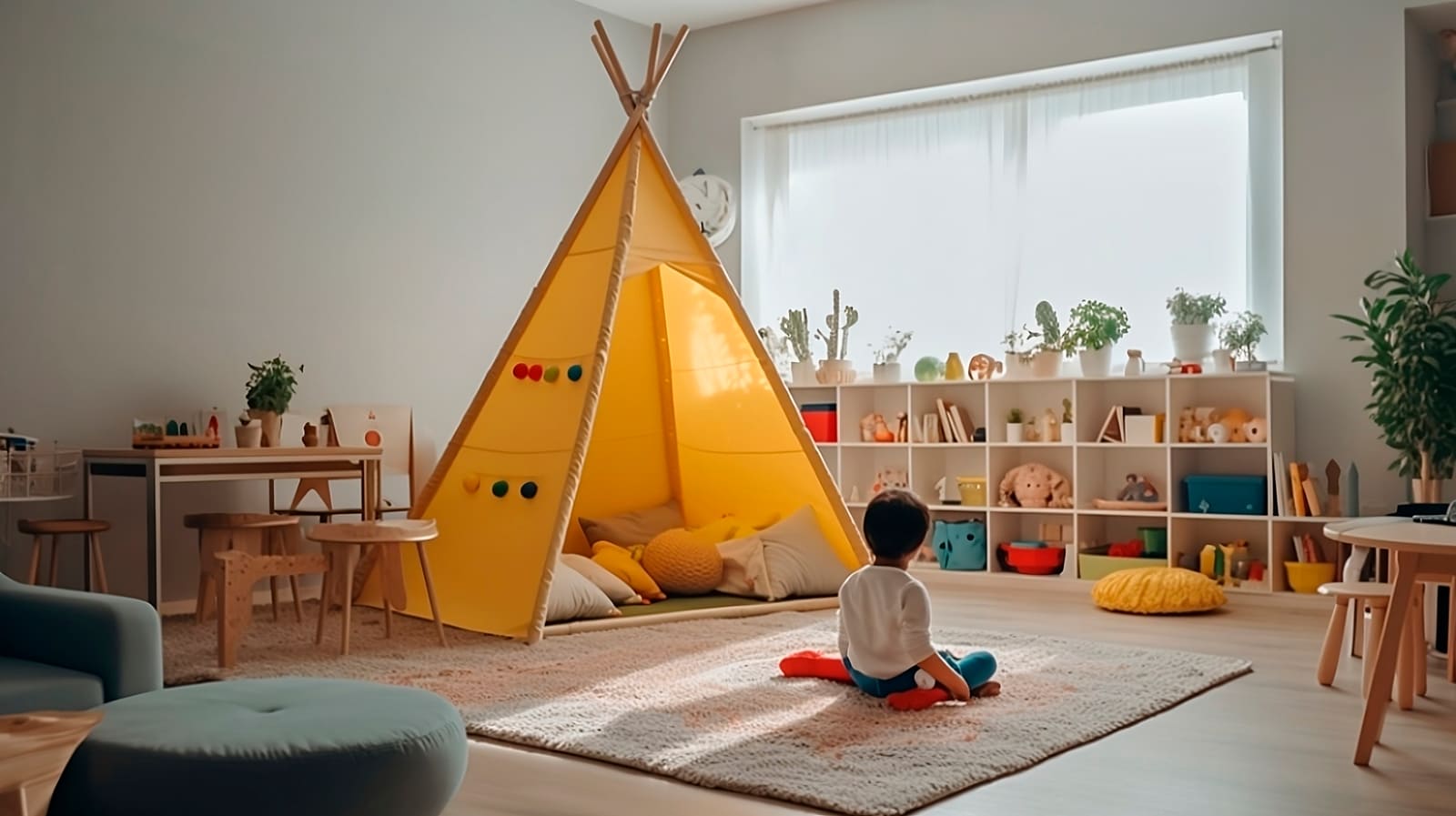 Imagem de um quarto transformado em espaço sensorial com uma cabana de pano no centro e uma criança autista sentada no chão.