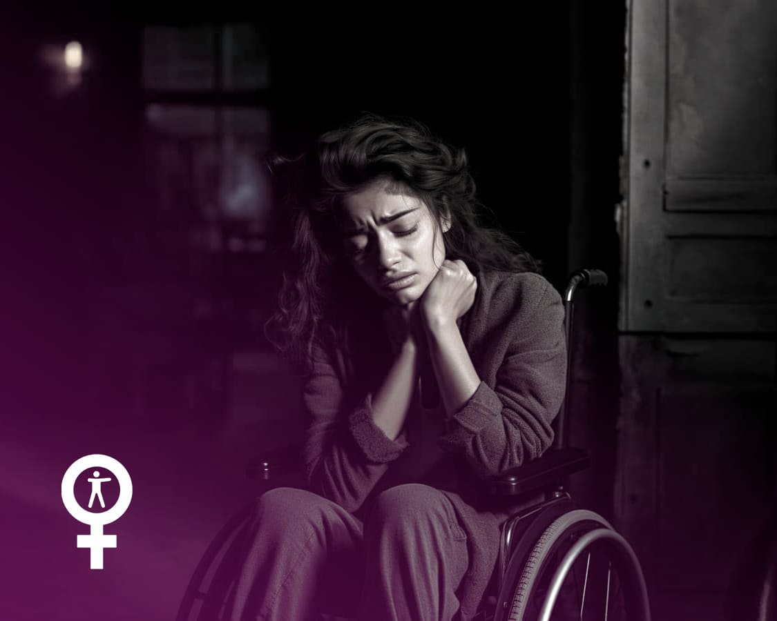 Mulher sentada em uma cadeira de rodas em um quarto escuro. O rosto dela tem um tom de melancolia e sofrimento, pela violência contra mulheres com deficiência. Logo do coletivo Frente Nacional de Mulheres com Deficiência.