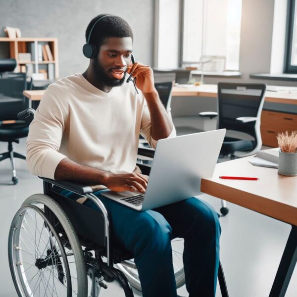 Homem negro em cadeira de rodas, trabalhando com um laptop no escritório. Imagem ilustra as 9 vagas de níveis júnior a sênior para profissionais com deficiência.
