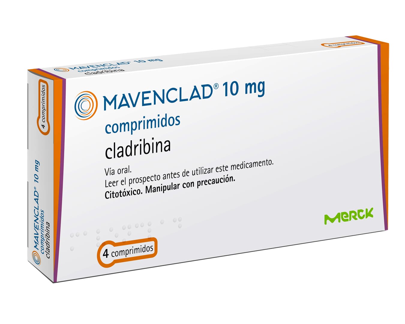 A imagem mostra uma caixa do medicamento MAVENCLAD® 10 mg comprimidos, utilizado no tratamento para esclerose múltipla incorporado ao SUS.