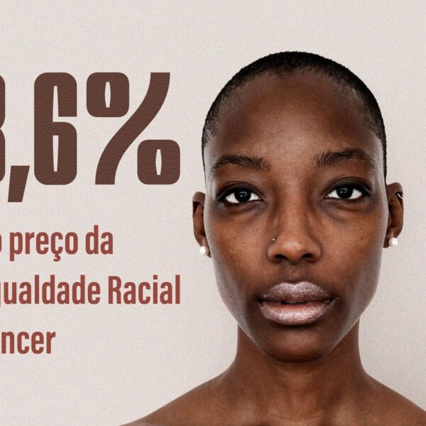 O rosto de uma mulher negra com cabelos raspados ao lado de um texto destacando que mulheres negras com câncer do colo do útero têm mortalidade maior que outras.
