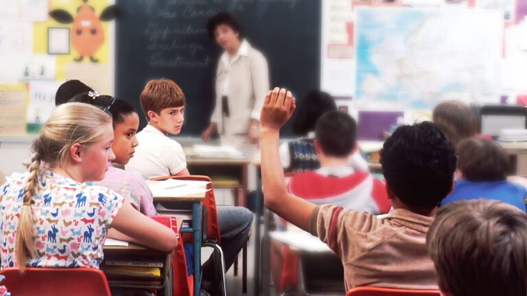 Sociedade e burocracia: Estudantes em uma sala de aula, com o professor ao fundo. Um aluno está com a mão levantada e outros o olhando, retratando a dificuldade em ser um cidadão com deficiência.