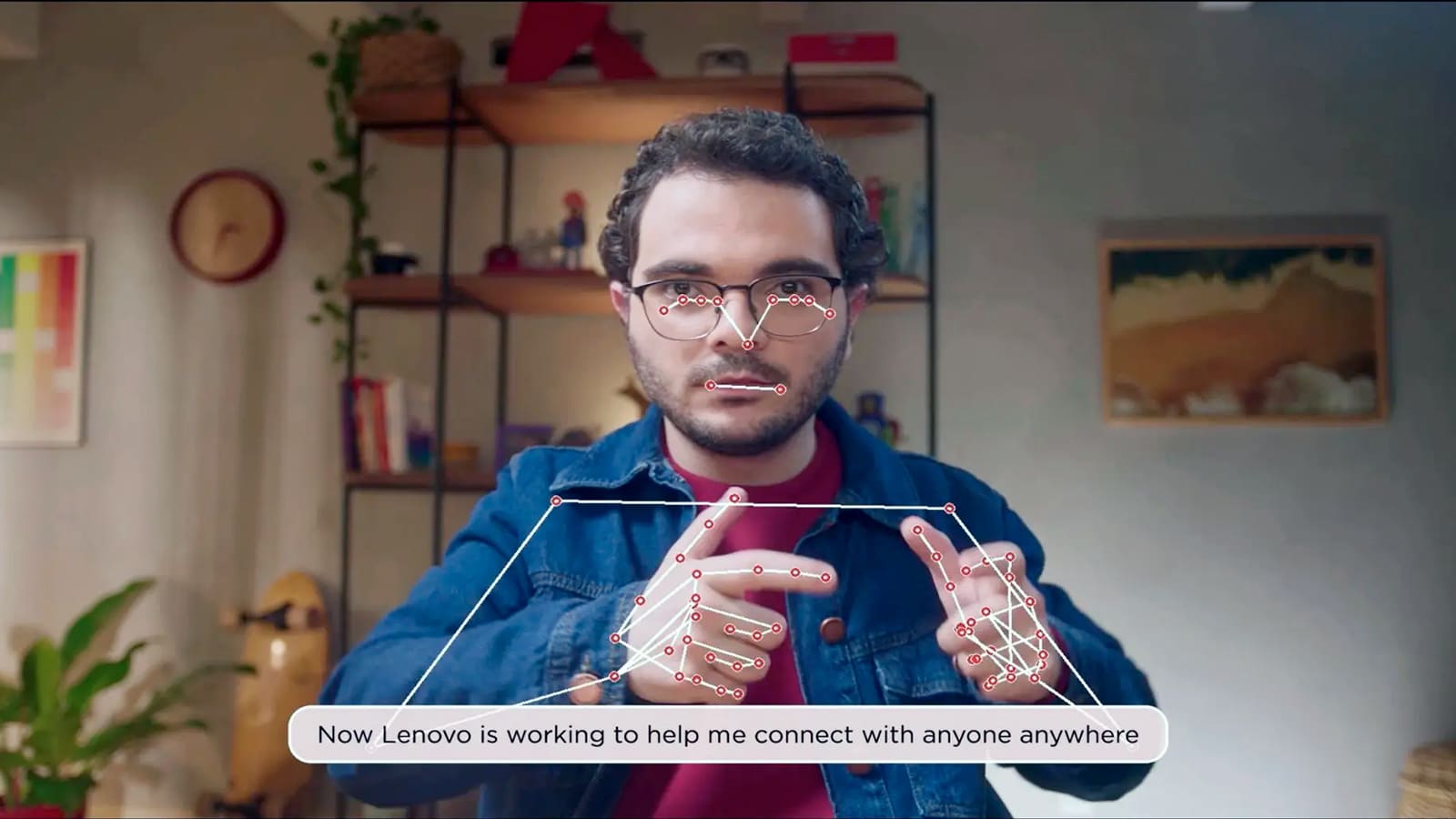 Pessoa utilizando tecnologia de IA da Lenovo e CEZAR, um tradutor simultâneo de Libras, finalista da SXSW 2024.
