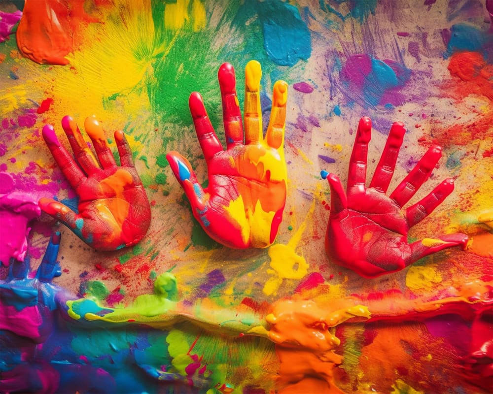 Mãos pintadas de cores vivas e um fundo vibrante de tintas misturadas, sugerindo uma abordagem lúdica do autismo para pessoas leigas.