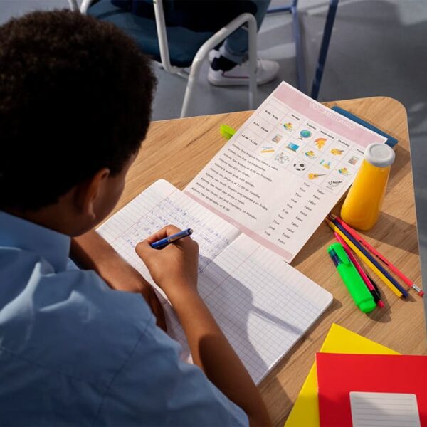 Estudante focado escrevendo em um caderno, com diversos materiais escolares ao redor, no Dia Nacional da Escola.