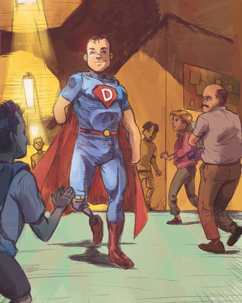 Ilustração do super-herói Daniel Dias com um emblema ‘D’ no peito, cercado por uma multidão admirada.