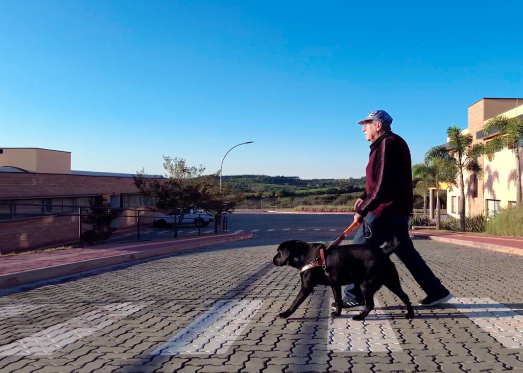 Claudinê, um homem cego caminhando com seu cão-guia Vince em uma rua pavimentada sob um céu azul claro.