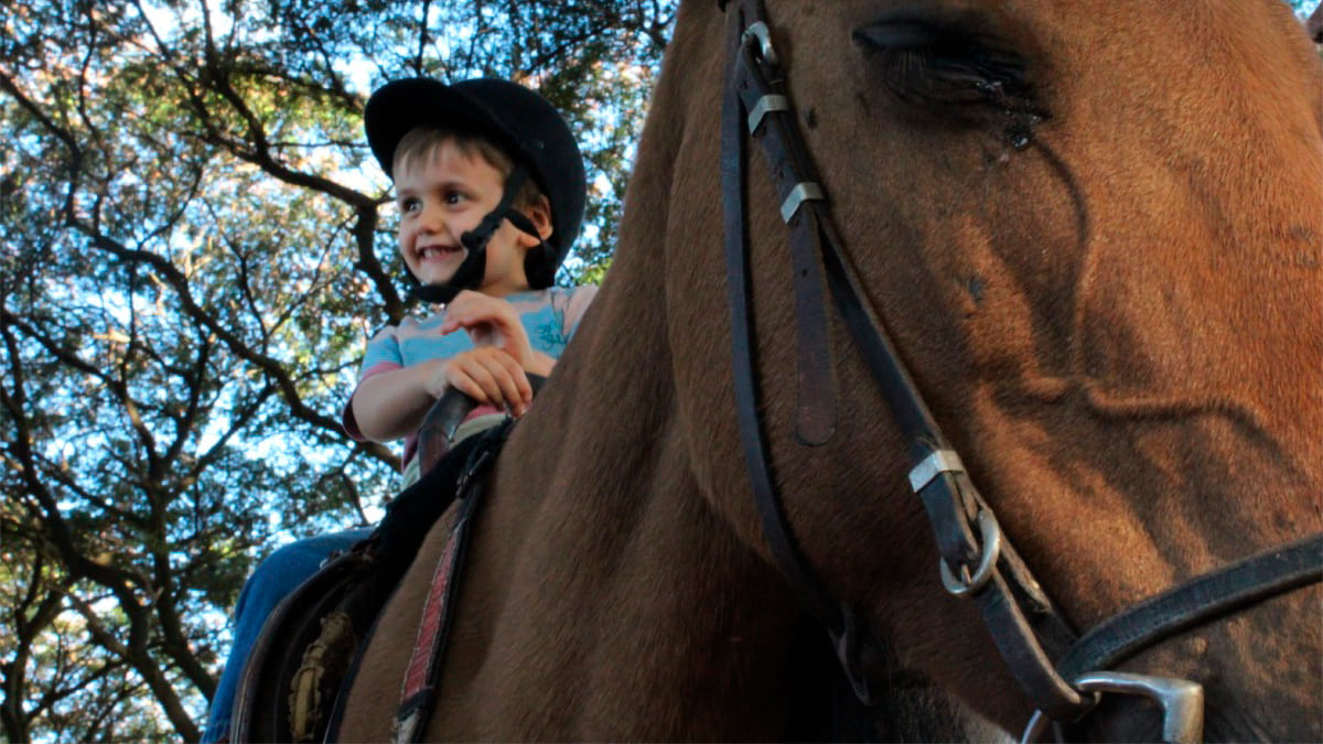 Criança sorridente com capacete de hipismo montando um cavalo marrom durante sessão de equoterapia no DF.