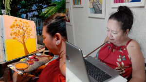 Duas fotos da artista plástica e escritora tetraplégica Eva Leite. À esquerda, pinta uma tela segurando o pincel com a boca. À direita, digita em um laptop usando um bastão na boca.