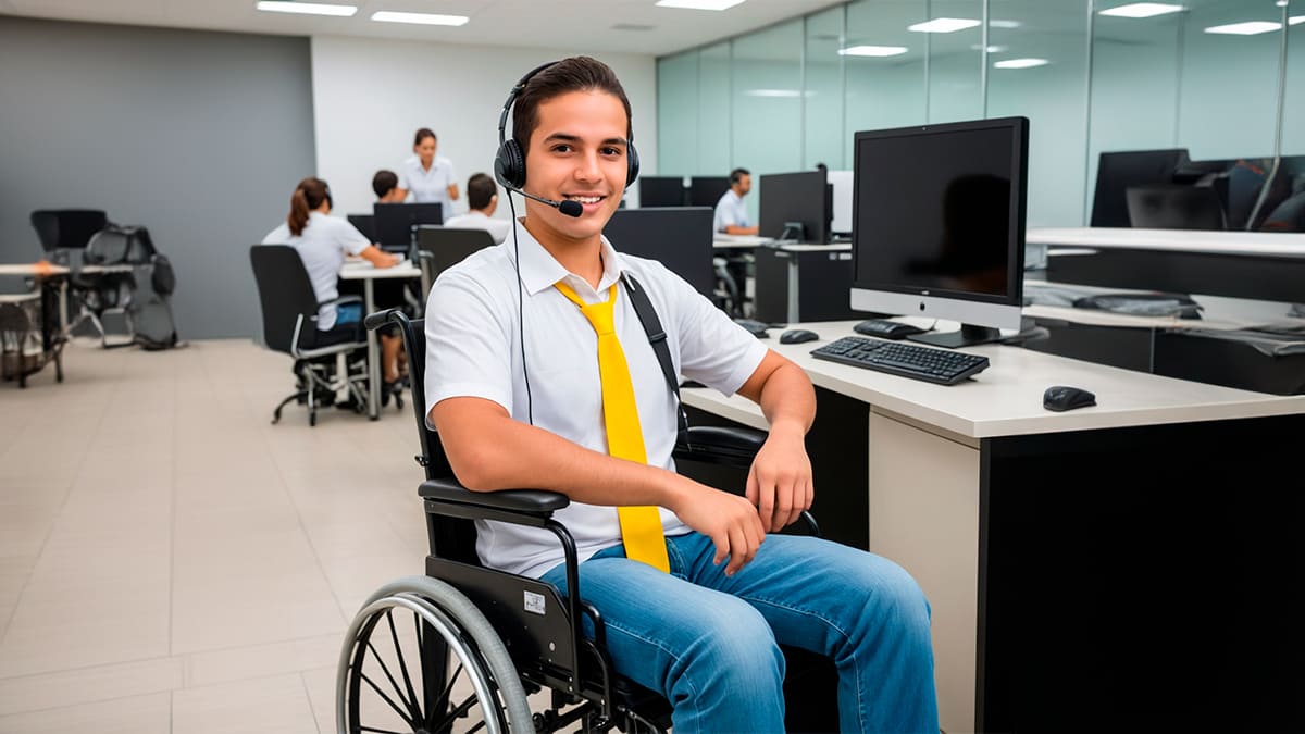 Homem em cadeira de rodas usando fone de ouvido com microfone, em uma estação de trabalho no escritório. Assistente de RH se destaca entre 10 novas vagas de emprego na Inklua.