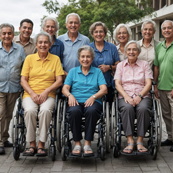 Um grupo de pessoas idosas com deficiência, incluindo homens e mulheres, posando ao ar livre.