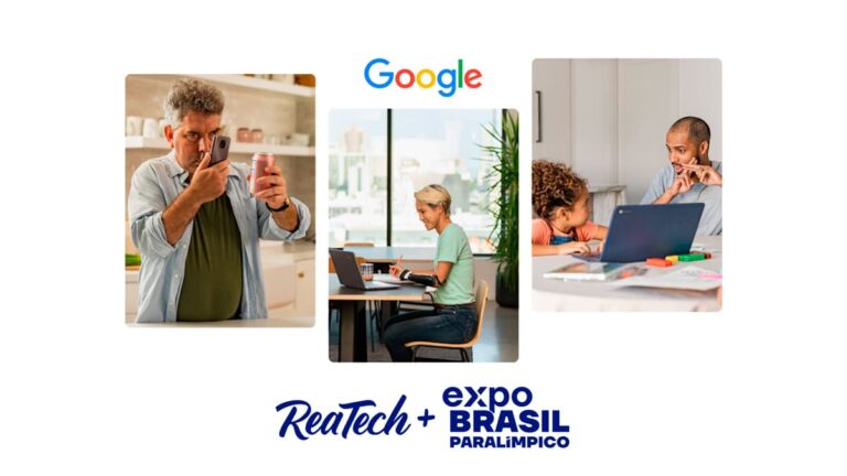 Homem usa o celular para ver informações em uma lata, mulher com prótese no braço trabalha no laptop, e homem ensina criança com laptop na Língua de Sinais. Logotipos do Google e Reatech 2024 + Expo Brasil Paralímpico. (Créditos: Edição)