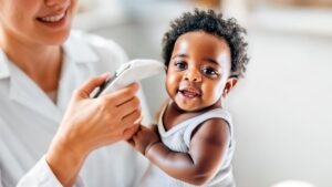 Bebê sorrindo enquanto profissional de saúde realiza a triagem auditiva neonatal, também conhecida como teste da orelhinha.