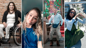 Colagem de quatro fotos: Carolina Ignarra sorrindo em uma cadeira de rodas, Beatriz Mazour com cabelo longo e encaracolado, Pedro Paulo Ribeiro em pé na frente de um vitral, e Roseneide Silva sentada fazendo um coração com as mãos.