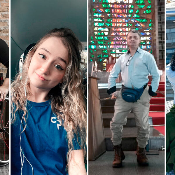 Colagem de quatro fotos: Carolina Ignarra sorrindo em uma cadeira de rodas, Beatriz Mazour com cabelo longo e encaracolado, Pedro Paulo Ribeiro em pé na frente de um vitral, e Roseneide Silva sentada fazendo um coração com as mãos.