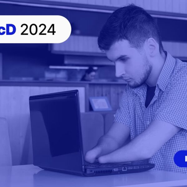 Homem com deficiência física nos braços digitando em um laptop com o texto "inclui PcD 2024" e botão "Inscreva-se".