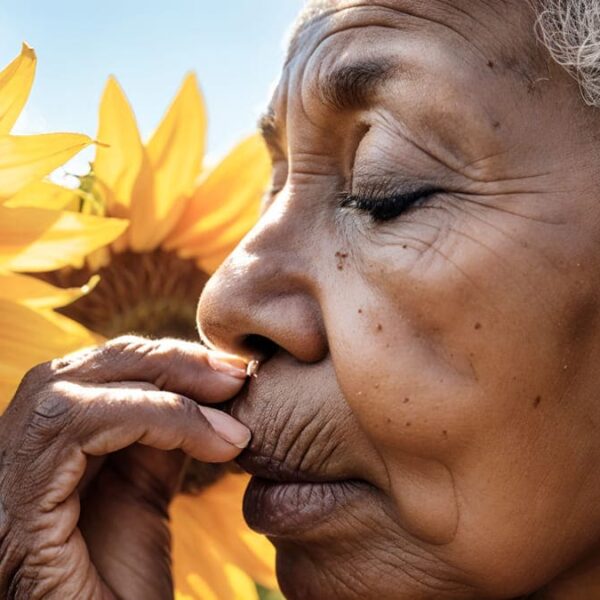 Mulher idosa com cabelos grisalhos e pele enrugada, cheirando um girassol com os olhos fechados.