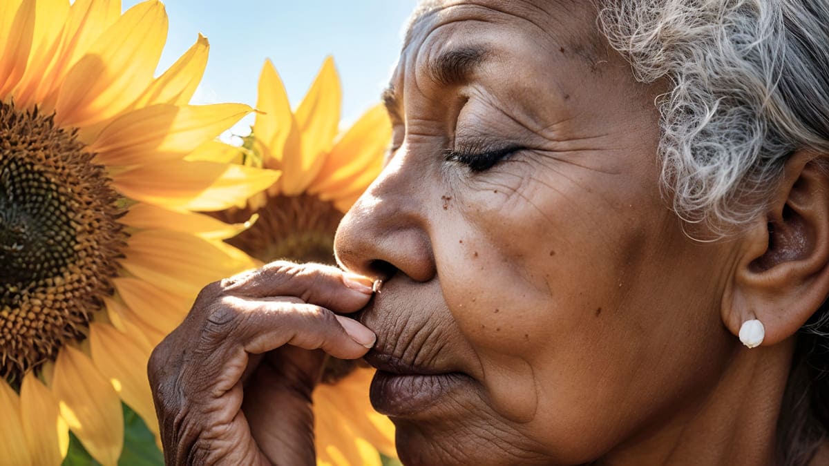 Mulher idosa com cabelos grisalhos e pele enrugada, cheirando um girassol com os olhos fechados.