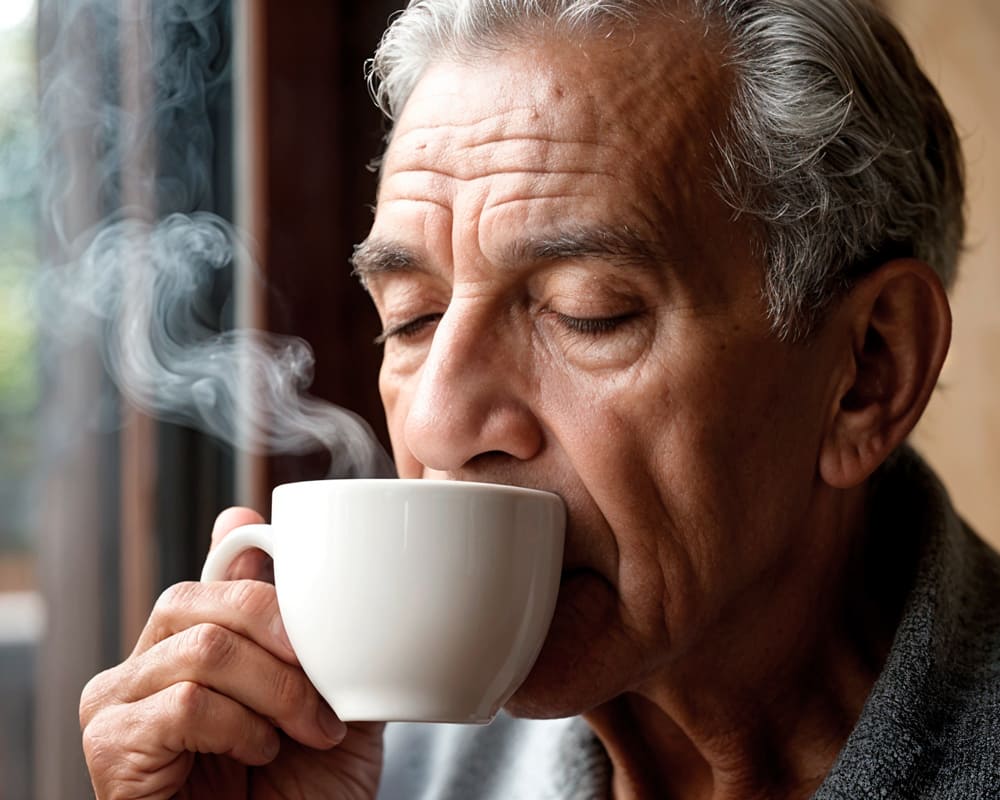 Homem idoso praticando a memória olfativa no Alzheimer, com uma xícara branca e os olhos fechados, enquanto o vapor sobe da xícara que ele segura.