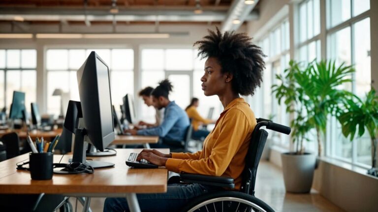 Mulher negra em cadeira de rodas, trabalhando em frente a um computador em um escritório. Ilustra oportunidades de emprego, com 13 vagas para PcDs.