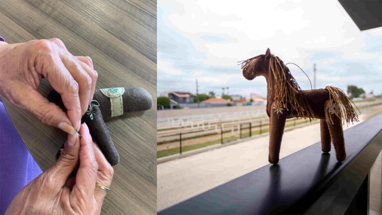 As mãos de uma das mães atípicas do Coletivo Inclusão costura um cavalinho de feltro, seguido pela imagem do cavalinho já finalizado, sobre um parapeito com vista externa.