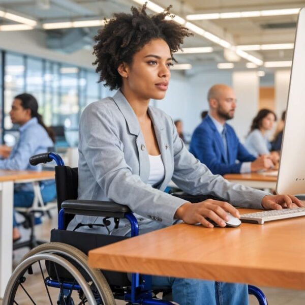 Mulher negra em cadeira de rodas trabalhando com computador no escritório com outras pessoas ao fundo. Ilustra as 8 vagas de emprego PCD, com oportunidades de trabalho acessível.