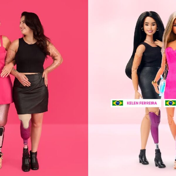 Montagem com duas mulheres brasileiras com deficiência ao lado de suas versões em bonecas Barbie, com prótese e queimaduras.