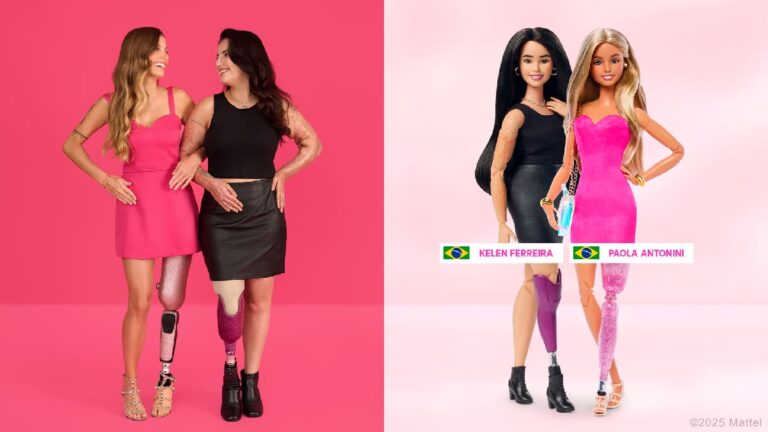 Montagem com duas mulheres brasileiras com deficiência ao lado de suas versões em bonecas Barbie, com prótese e queimaduras.