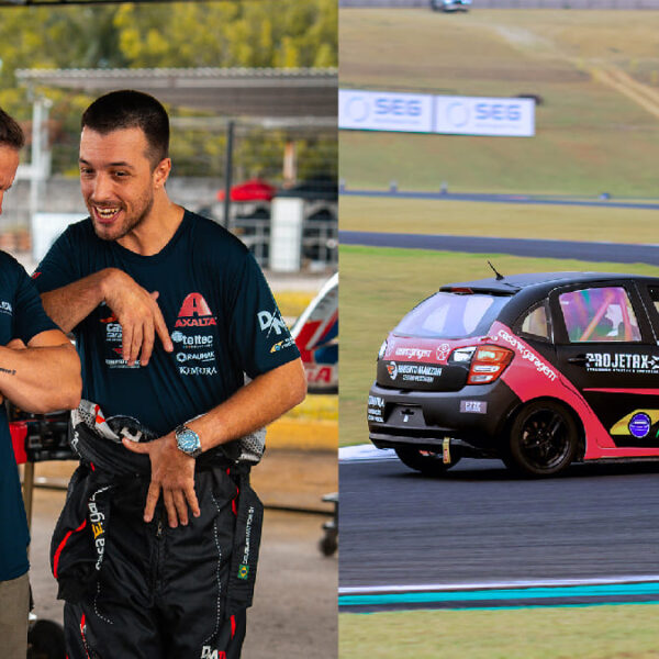Montagem com duas imagens: à esquerda, o piloto com paralisia cerebral Douglas Mattos conversa com seu treinador em um ambiente de boxes de corrida. À direita, um carro preto com adesivos da Turismo Nacional 2025 está em alta velocidade na pista.