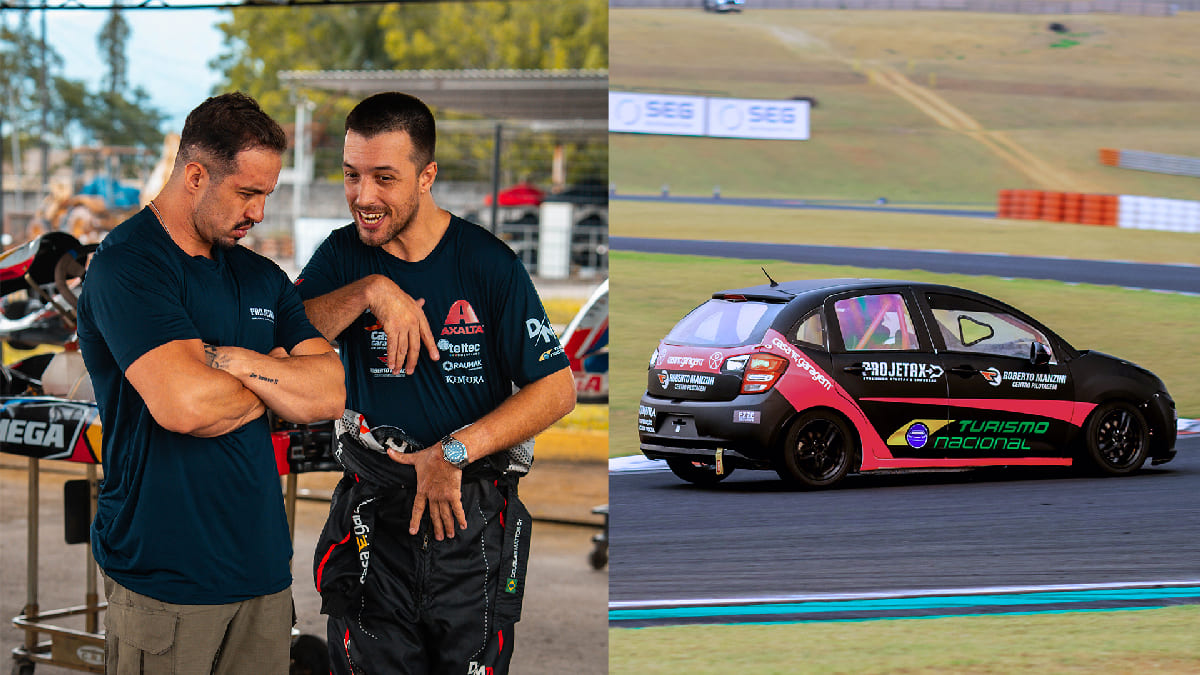 Montagem com duas imagens: à esquerda, o piloto com paralisia cerebral Douglas Mattos conversa com seu treinador em um ambiente de boxes de corrida. À direita, um carro preto com adesivos da Turismo Nacional 2025 está em alta velocidade na pista.